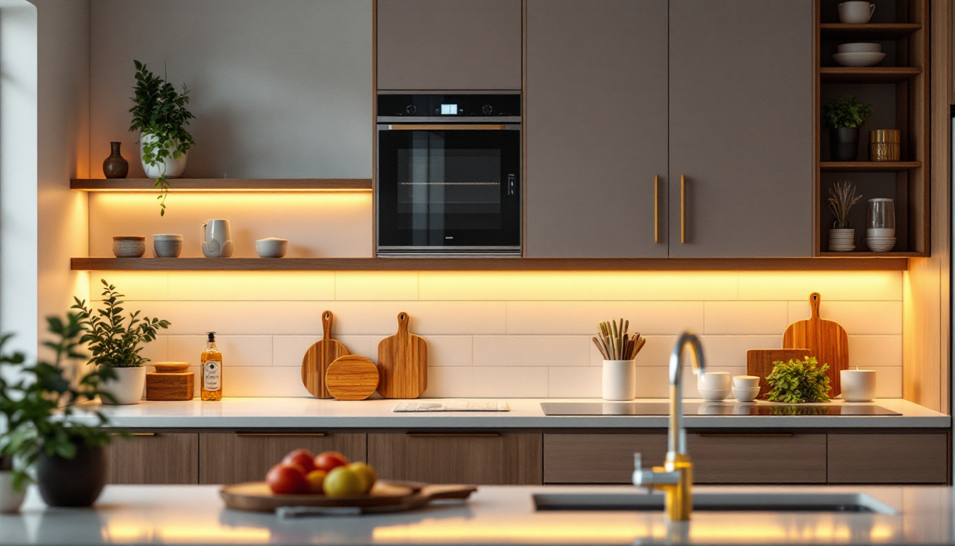A photograph of a beautifully designed kitchen featuring stylish under counter lighting that highlights energy-efficient appliances and creates a warm