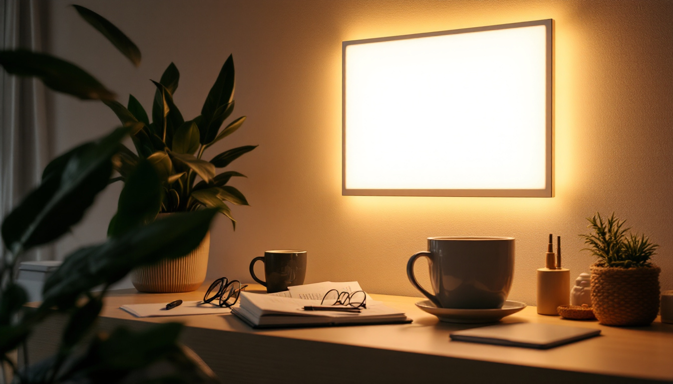 A photograph of capture a photograph of a modern led panel light illuminating a stylish