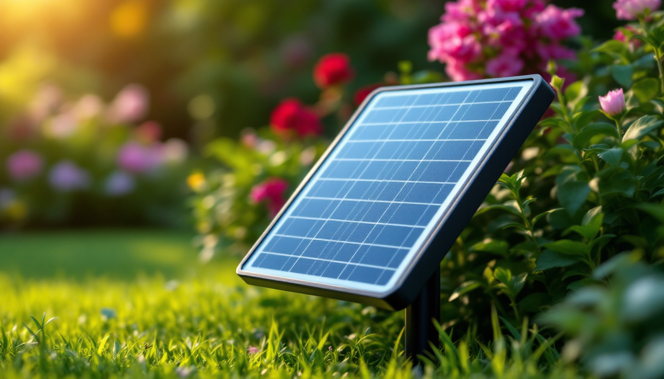 A photograph of a solar panel lawn light in a lush garden setting