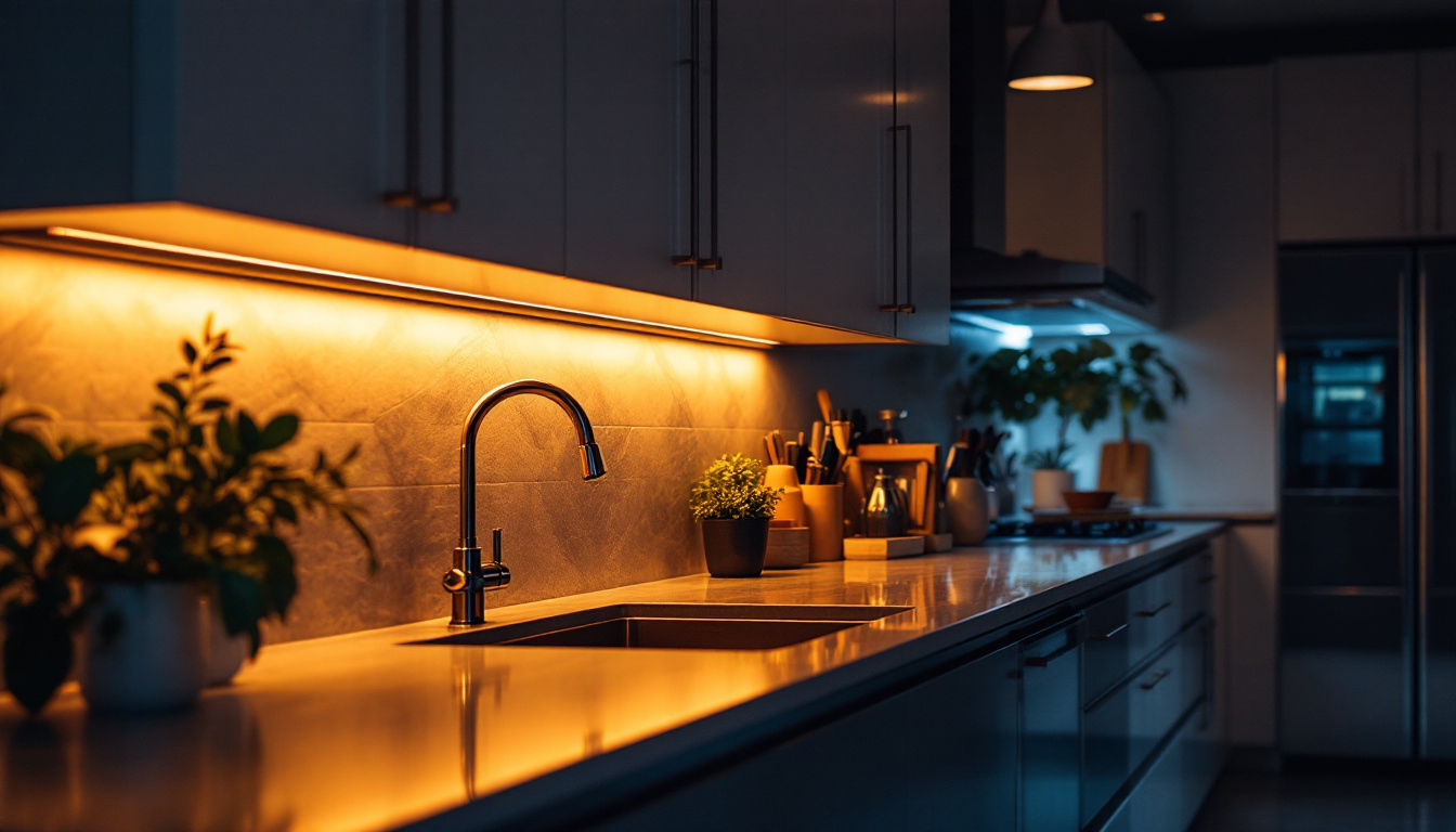 A photograph of a beautifully designed kitchen or workspace featuring vibrant strip under counter lighting