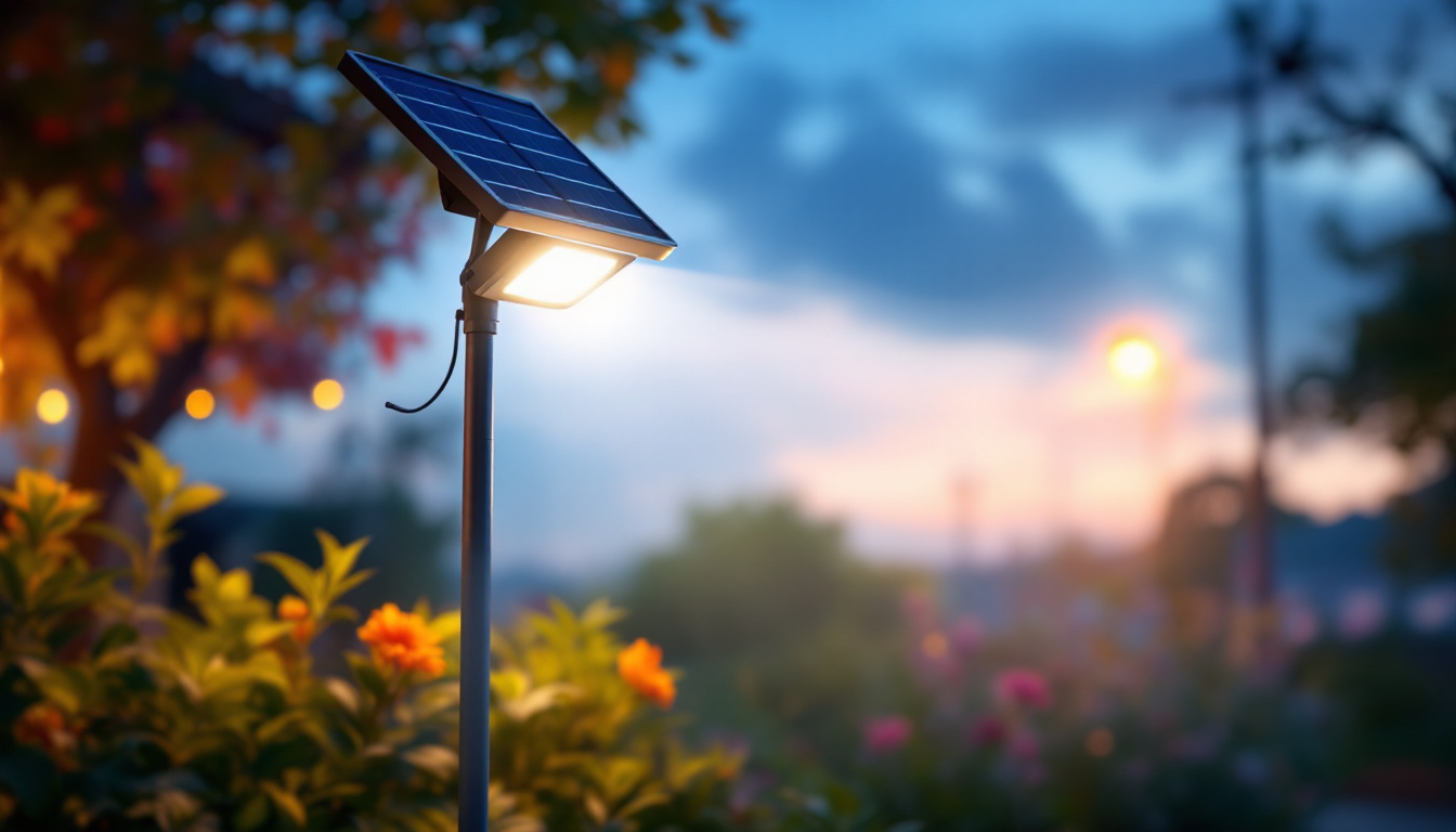 A photograph of a solar flood lamp illuminating a vibrant outdoor scene at dusk