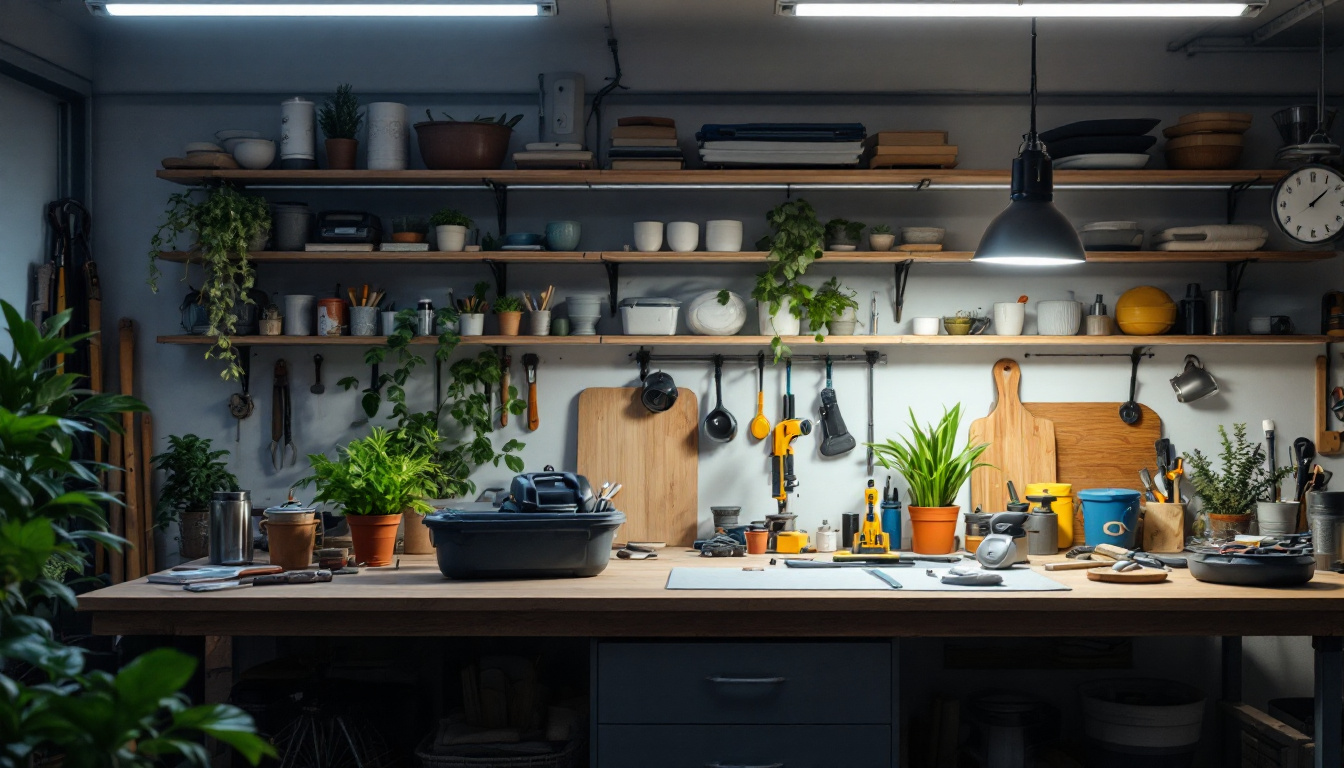 A photograph of a well-lit workspace featuring solar-powered shop lights in action