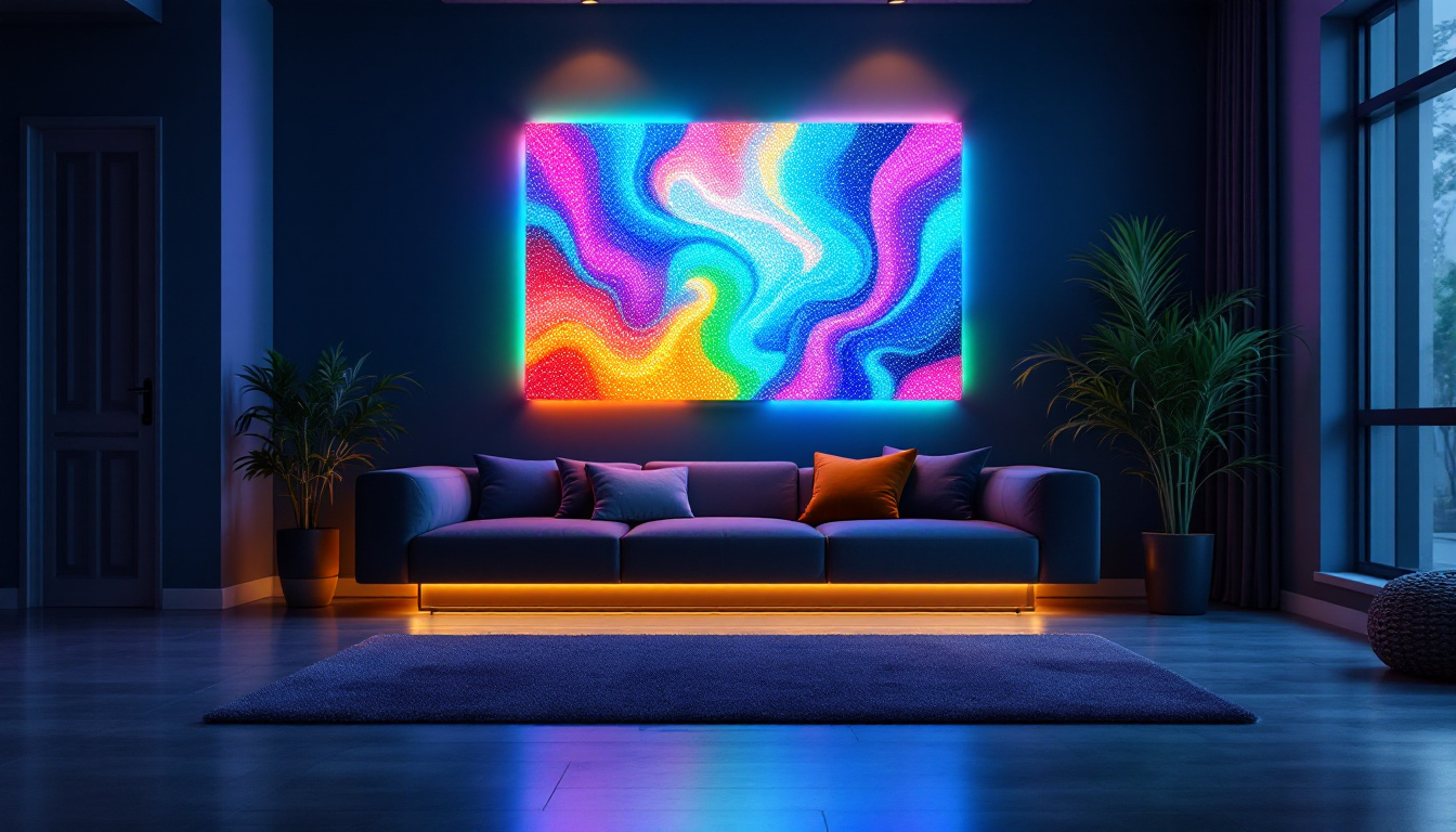 A photograph of a vibrant and creatively designed led lighting wall art installation in a modern living space