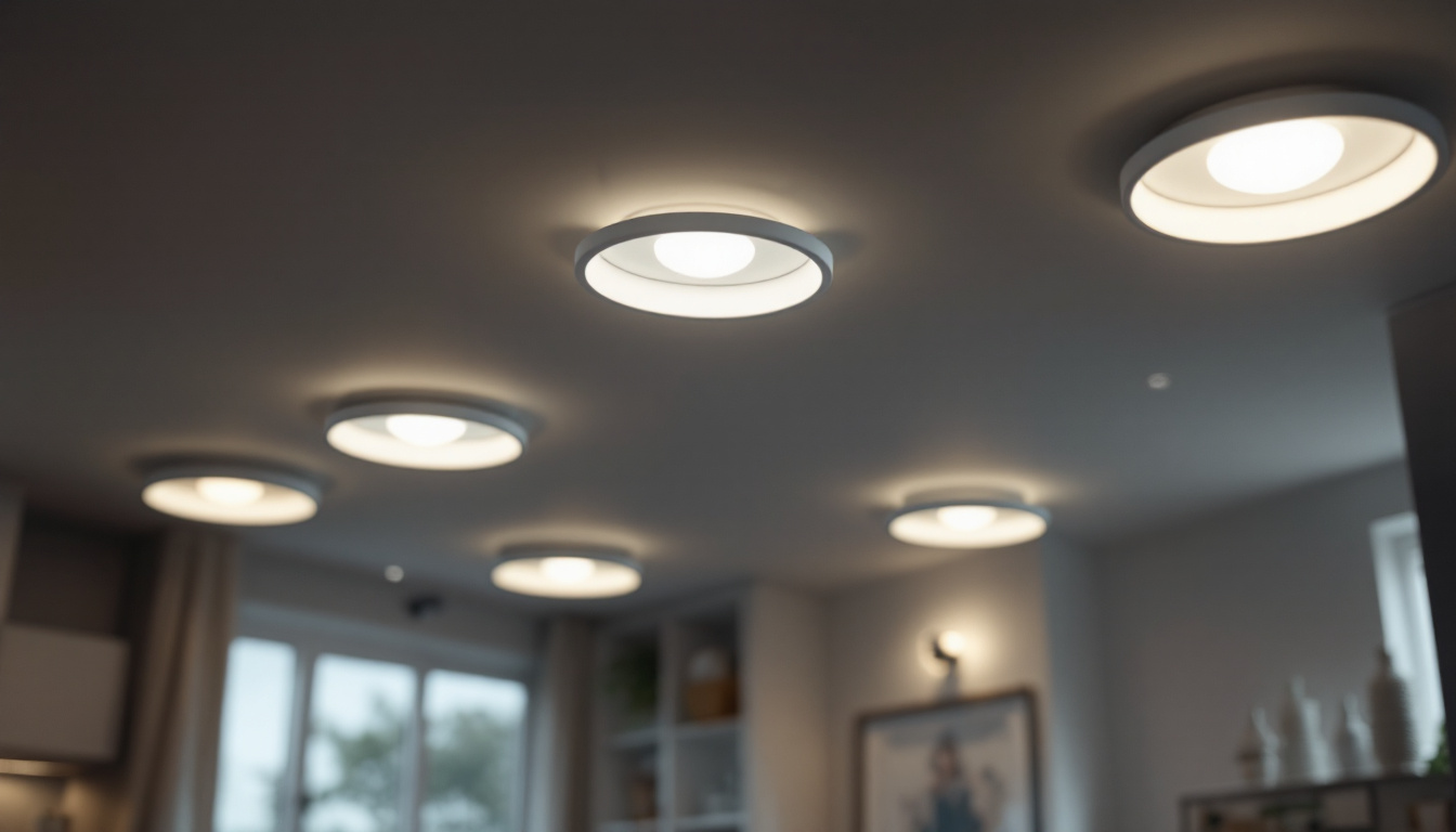 A photograph of a well-lit interior space featuring recessed can lights with various covers