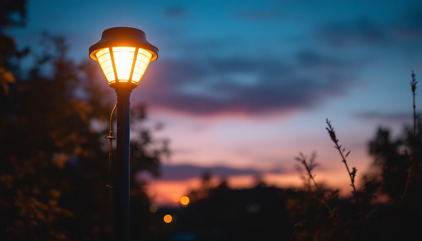 A photograph of a solar-powered dusk to dawn light illuminating a serene outdoor setting at twilight