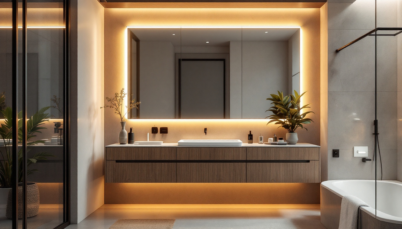 A photograph of a modern bathroom featuring sleek led vanity lights that illuminate the space with a warm