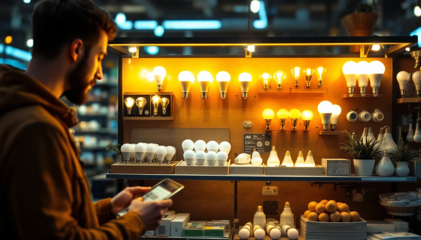 A photograph of a well-organized lightbulb store display showcasing a variety of energy-efficient lightbulbs