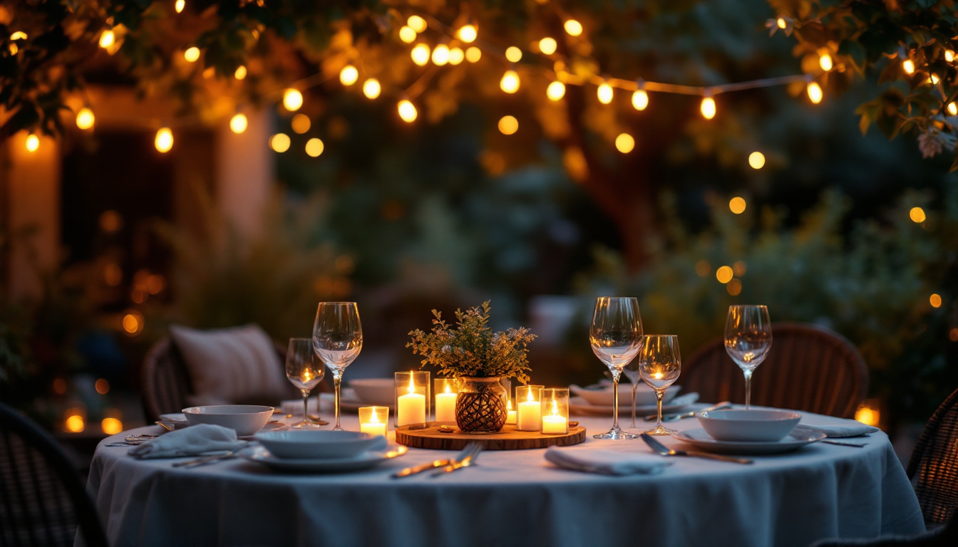 A photograph of a beautifully arranged outdoor setting illuminated by warm