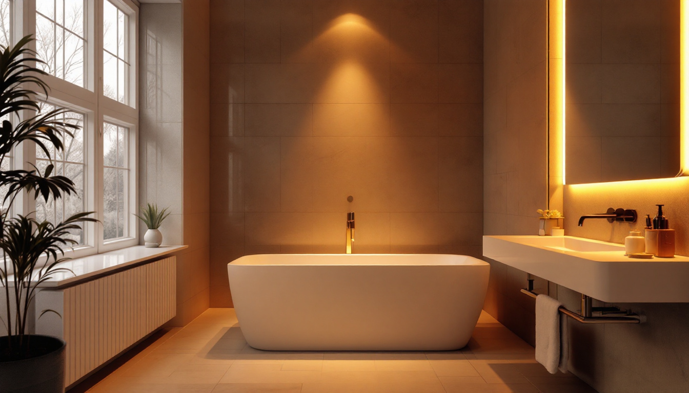A photograph of a beautifully lit bathroom featuring led bath lights