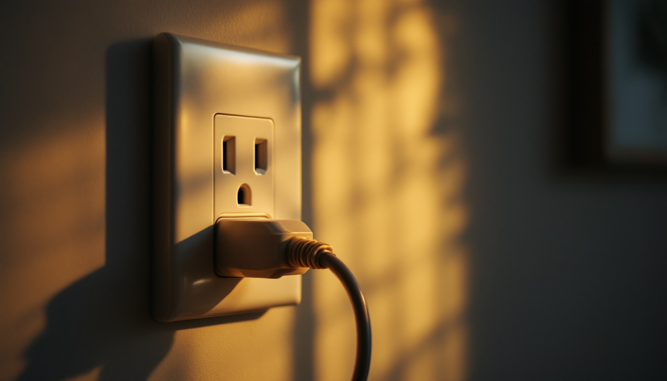 A photograph of a close-up of a duplex receptacle outlet in a well-lit room