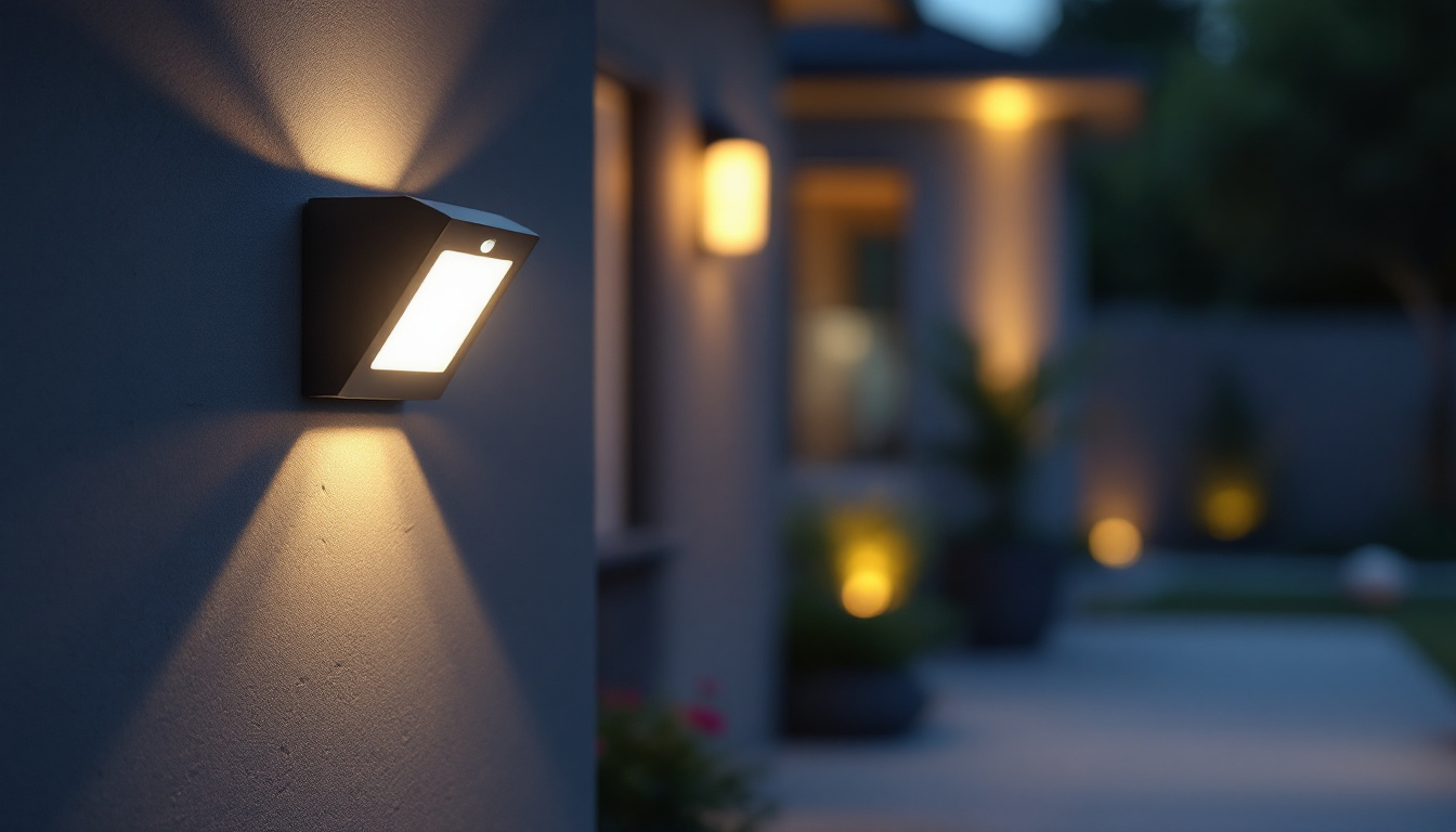 A photograph of a well-lit outdoor setting featuring a sleek motion detector light in action