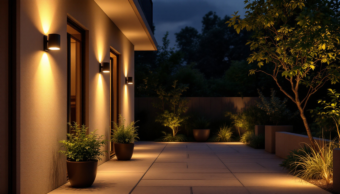 A photograph of a well-lit outdoor space featuring various styles of motion sensor lighting in action