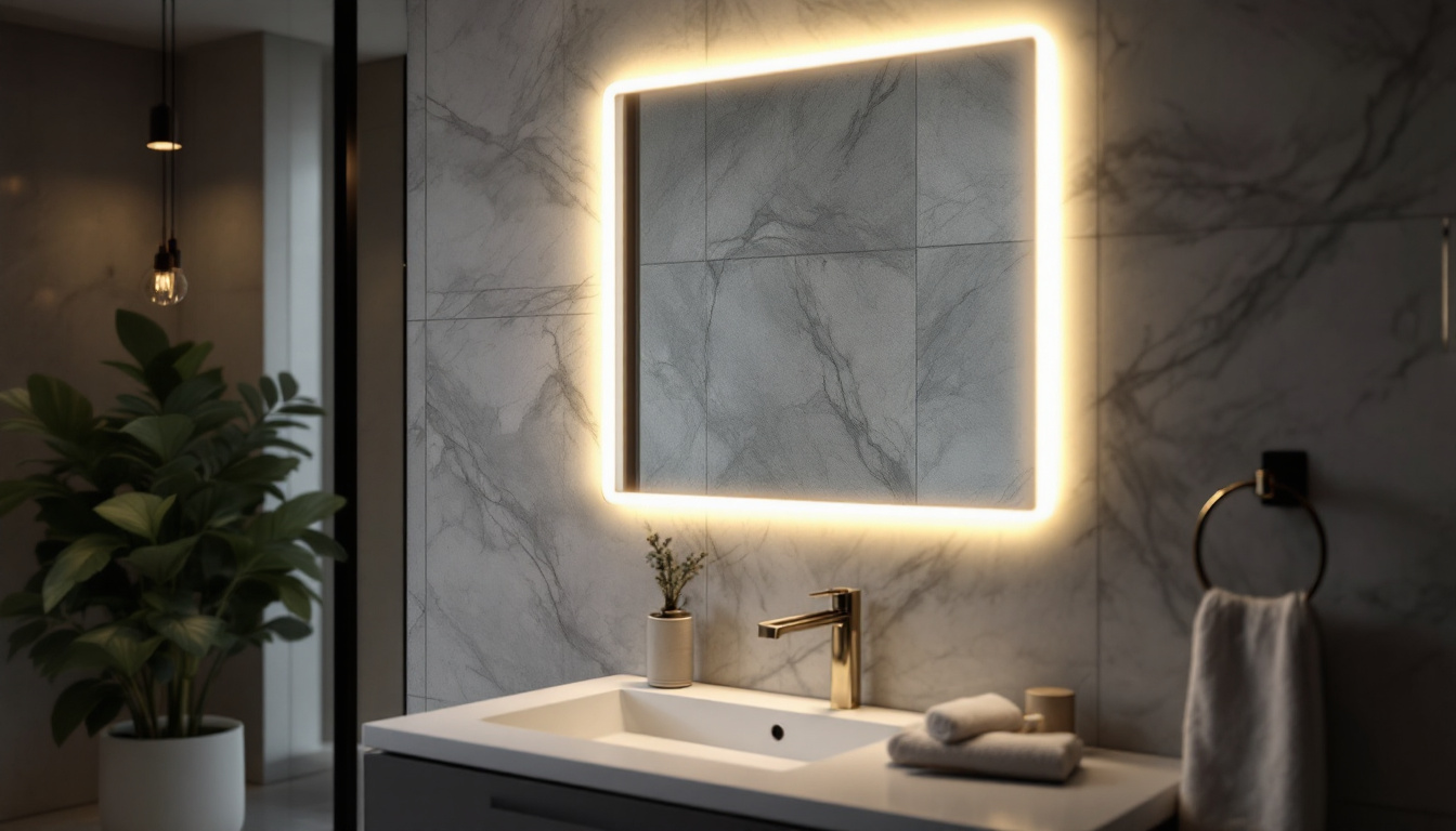A photograph of a stylishly designed led wall mirror in a well-lit bathroom setting