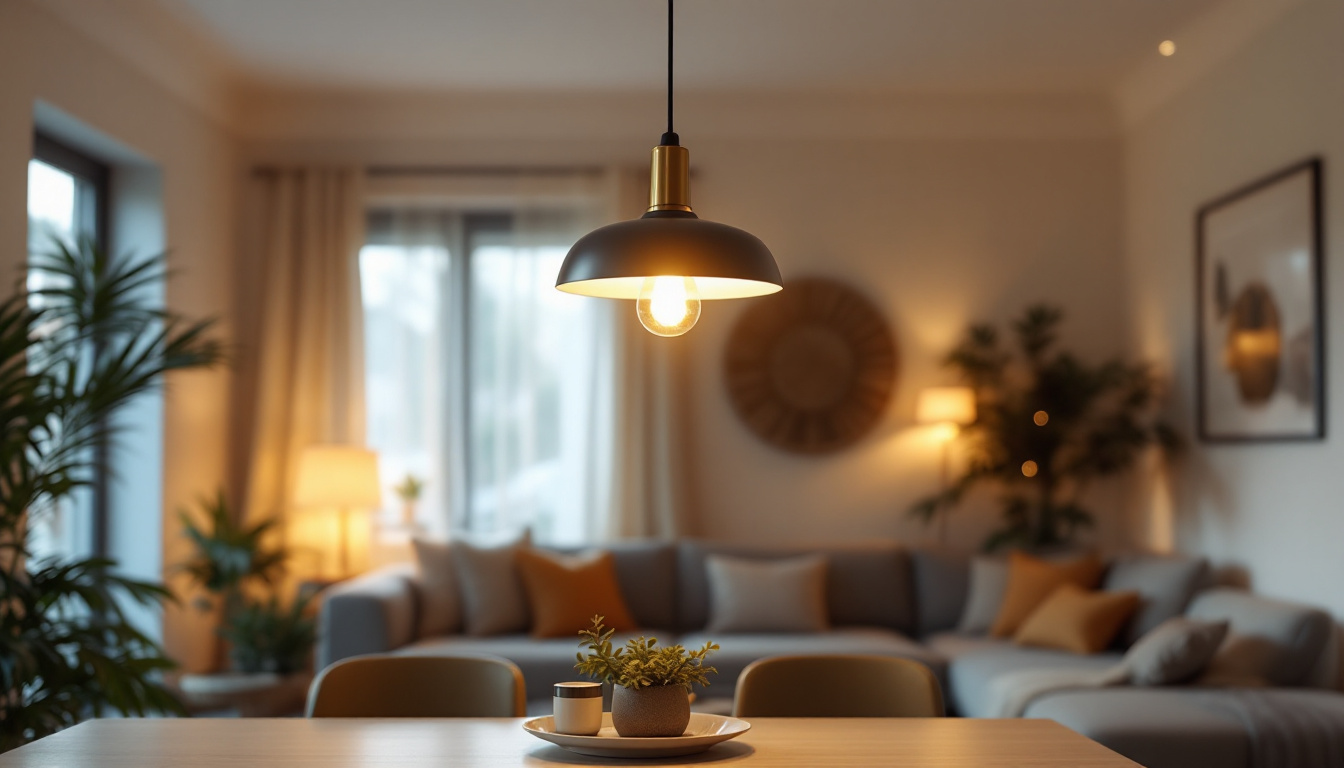 A photograph of a stylish ceiling pendant light in a well-decorated room