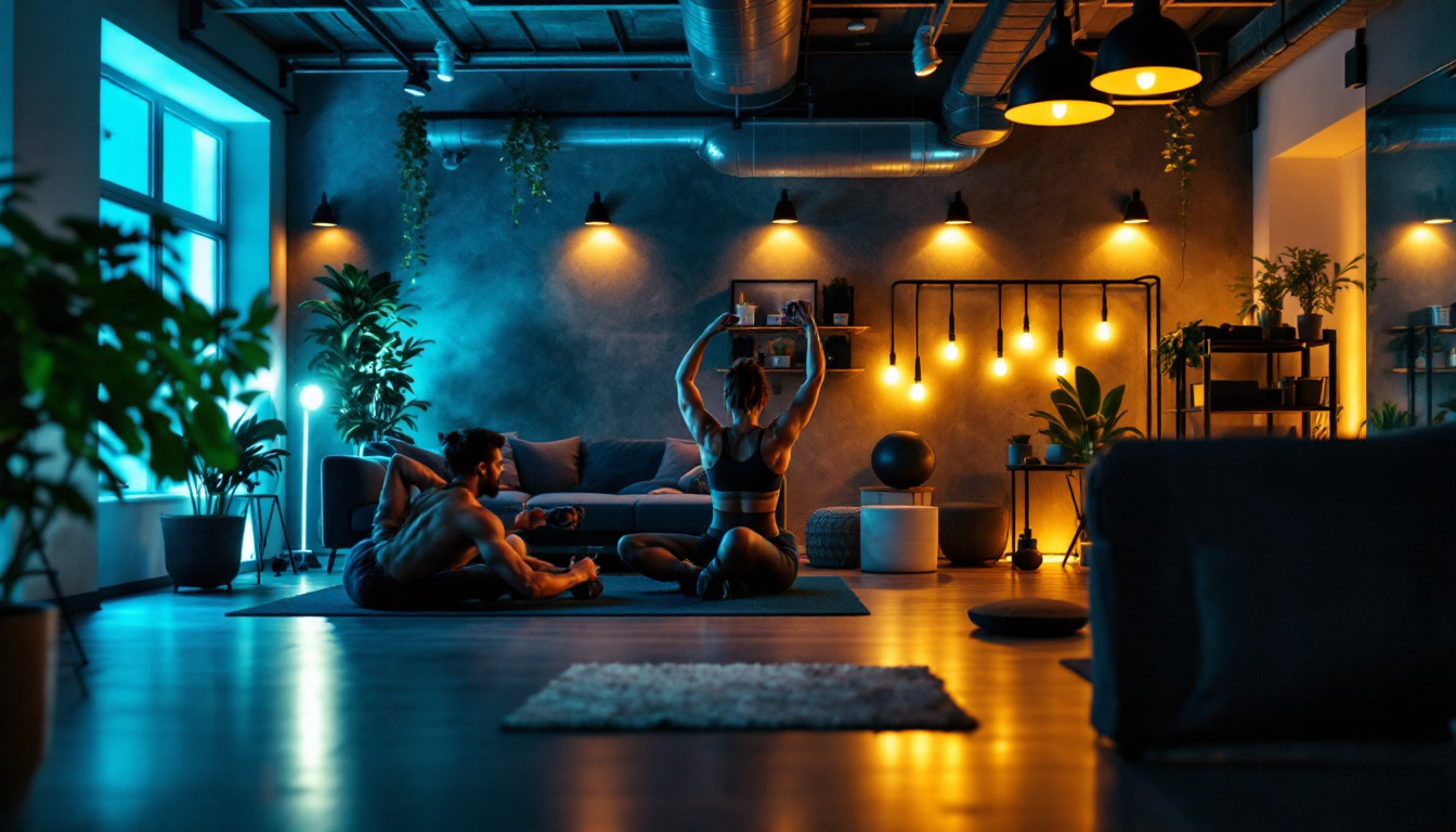 A photograph of a stylish and well-lit home gym