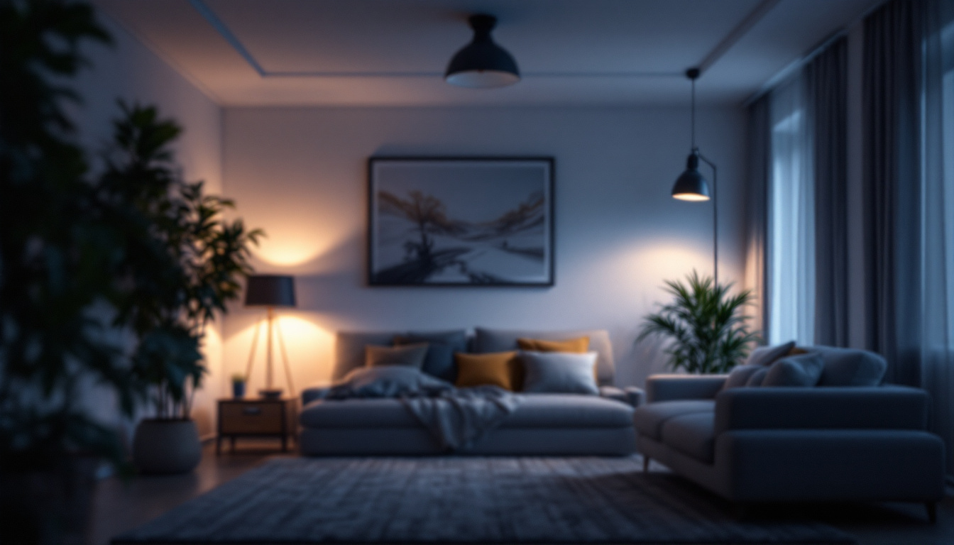 A photograph of a beautifully lit room showcasing various lighting scenarios with dimmer switches in use