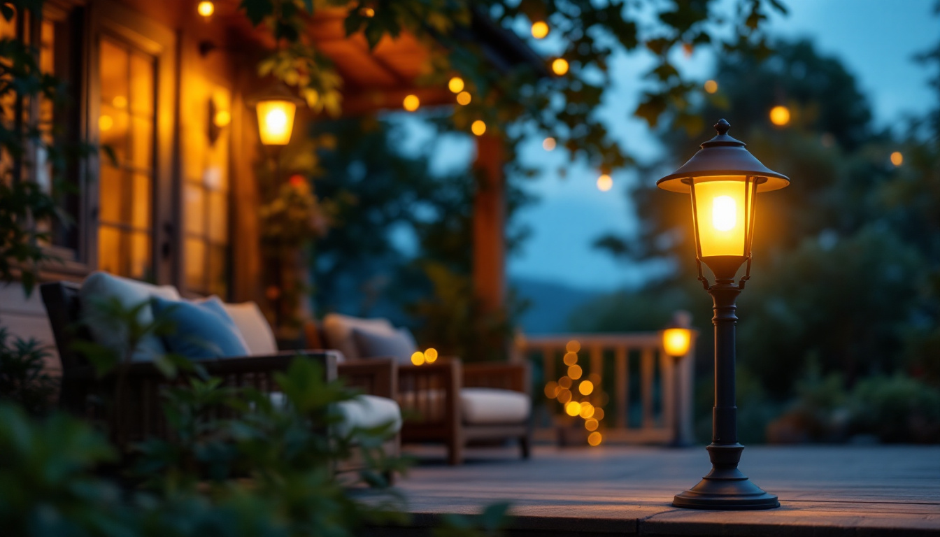 A photograph of a beautifully designed porch lamp illuminating a cozy outdoor setting at dusk