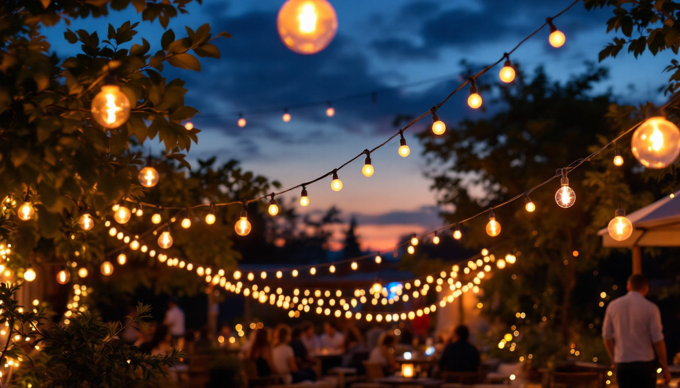 A photograph of a beautifully illuminated outdoor space featuring various styles of string lighting