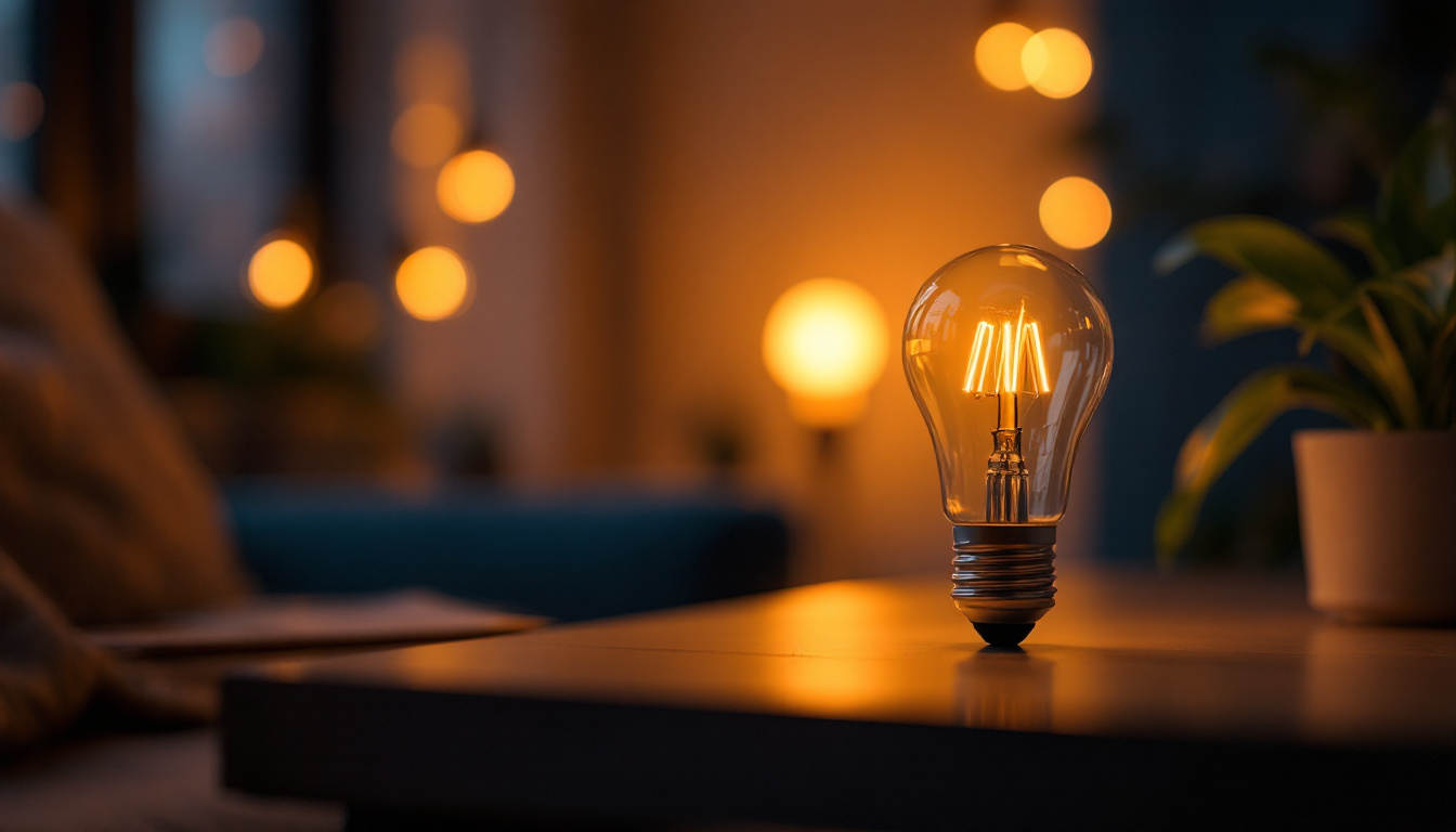 A photograph of capture a photograph of a glowing a19 led light bulb in a cozy indoor setting