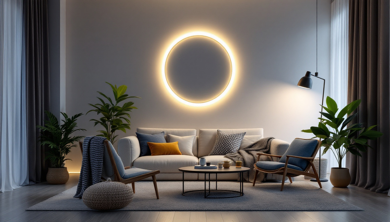 A photograph of a beautifully designed room featuring a stylish led circle light as the focal point