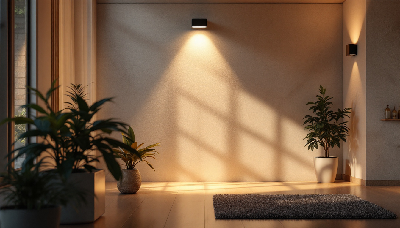 A photograph of a beautifully designed interior space showcasing the led bi-pen wall wash up light illuminating the walls