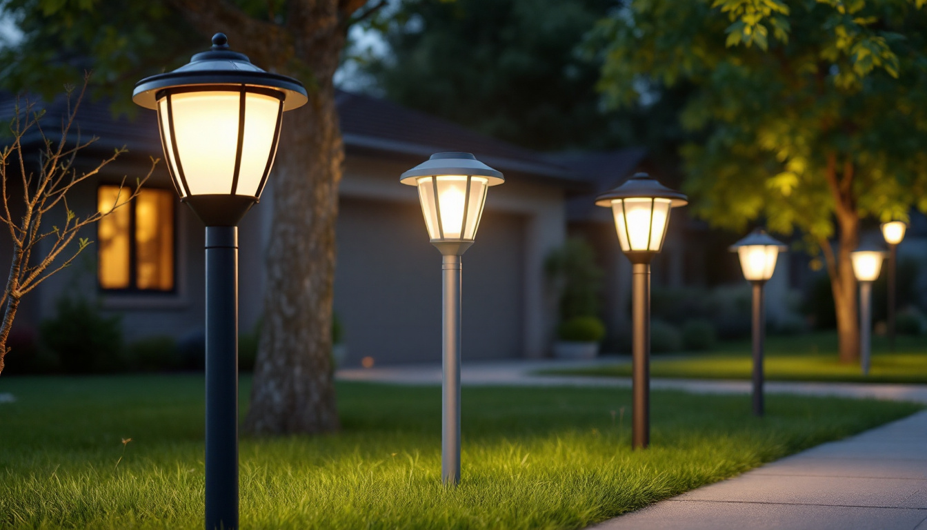 A photograph of a well-lit outdoor setting featuring various styles of solar lights installed on different types of posts