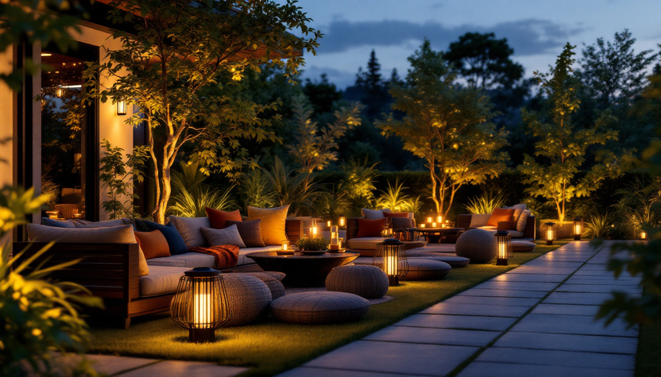 A photograph of a beautifully illuminated outdoor space featuring various styles of solar lighting