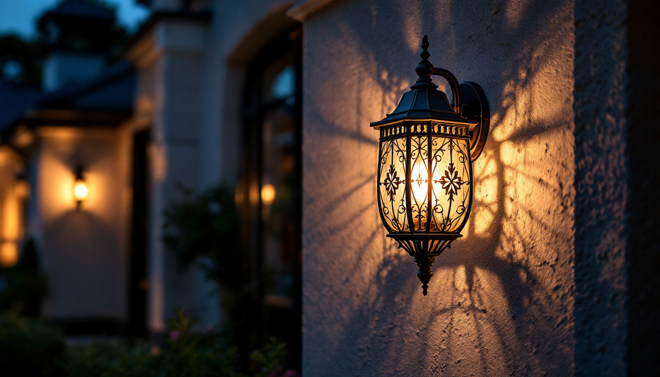 A photograph of a beautifully designed large exterior wall lantern illuminated at dusk