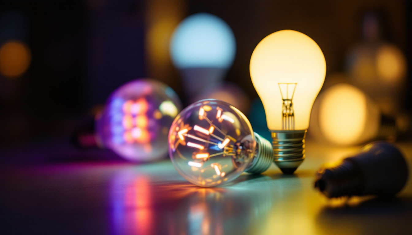 A photograph of a close-up shot of various led bulb types illuminated in a dimly lit setting