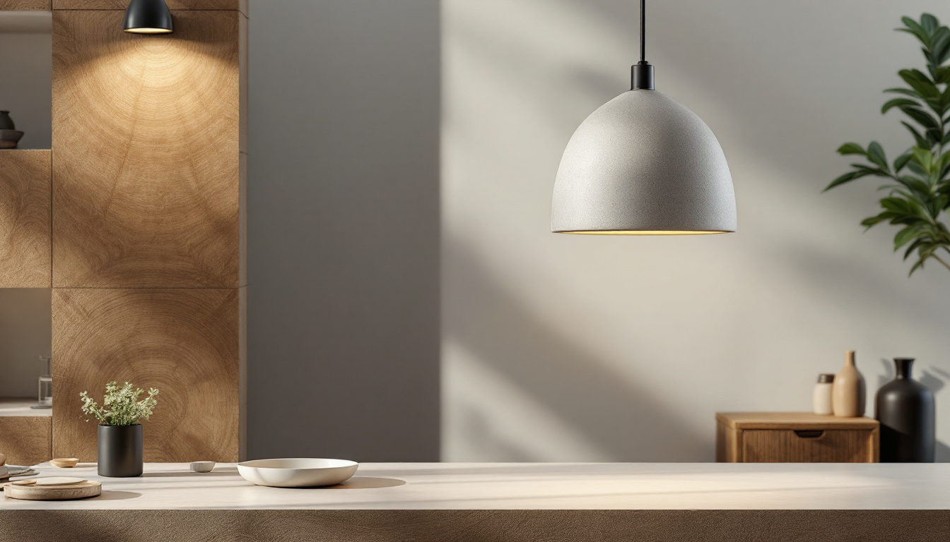 A photograph of a beautifully designed concrete pendant lamp in a stylish interior setting