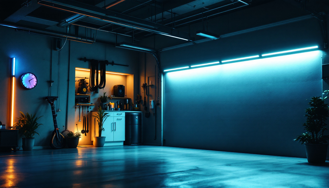 A photograph of a modern garage illuminated with bright