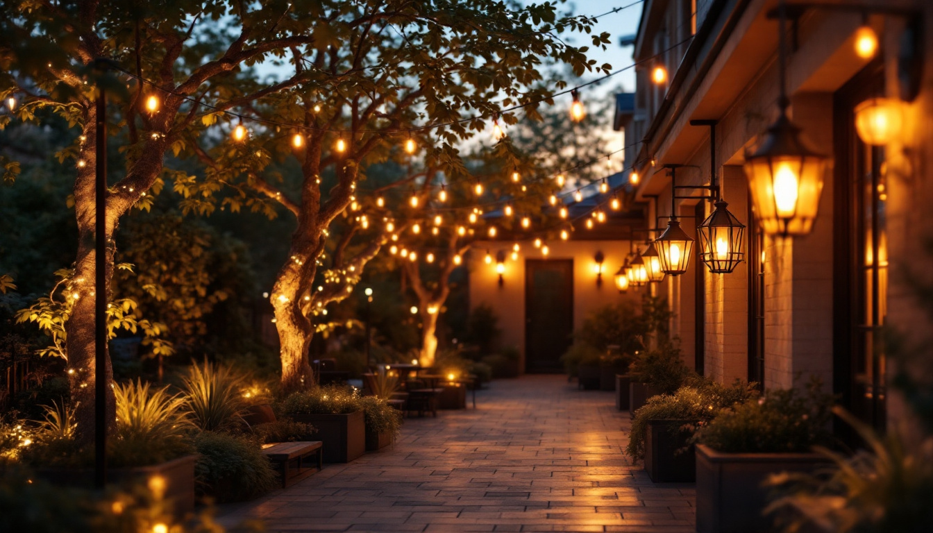 A photograph of a beautifully illuminated outdoor space featuring a variety of stylish lighting fixtures
