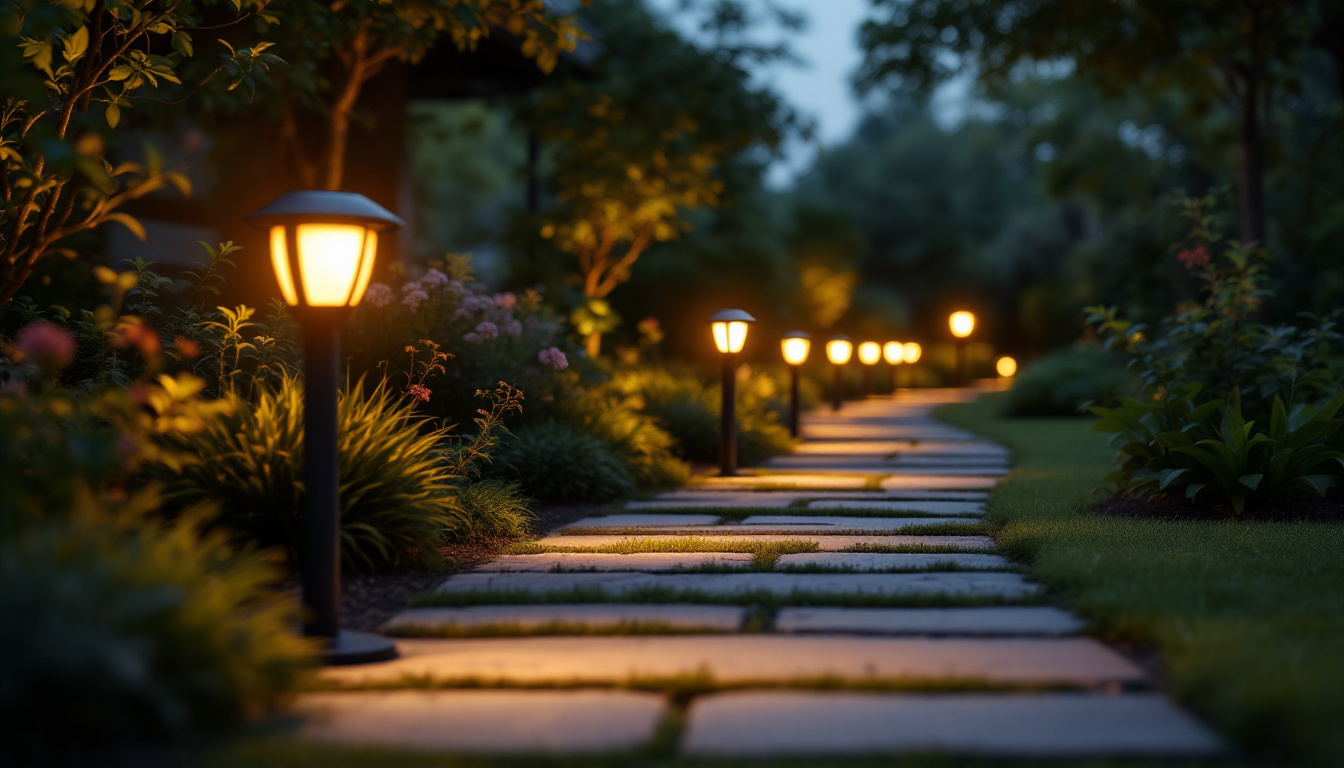 A photograph of a beautifully illuminated garden path featuring solar-powered path lights at dusk