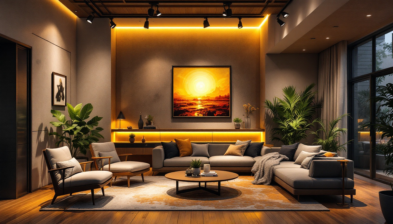 A photograph of a beautifully designed interior space featuring stylish track lighting that highlights key areas