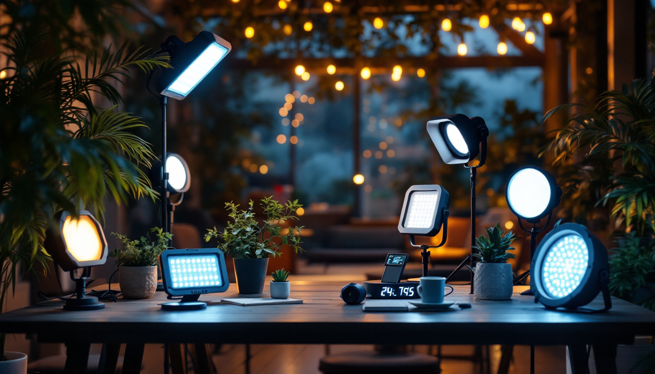 A photograph of a well-lit indoor or outdoor space showcasing various portable led lights in use
