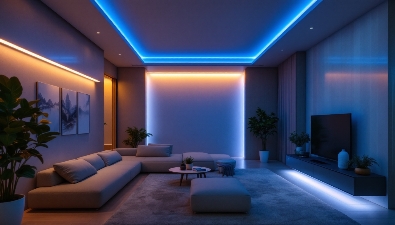 A photograph of a modern interior space showcasing recessed strip lighting in various applications