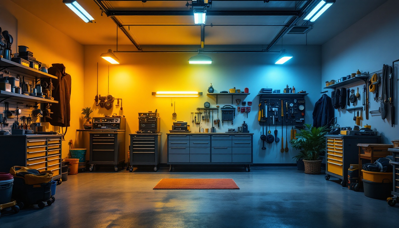 A photograph of a modern garage illuminated by bright
