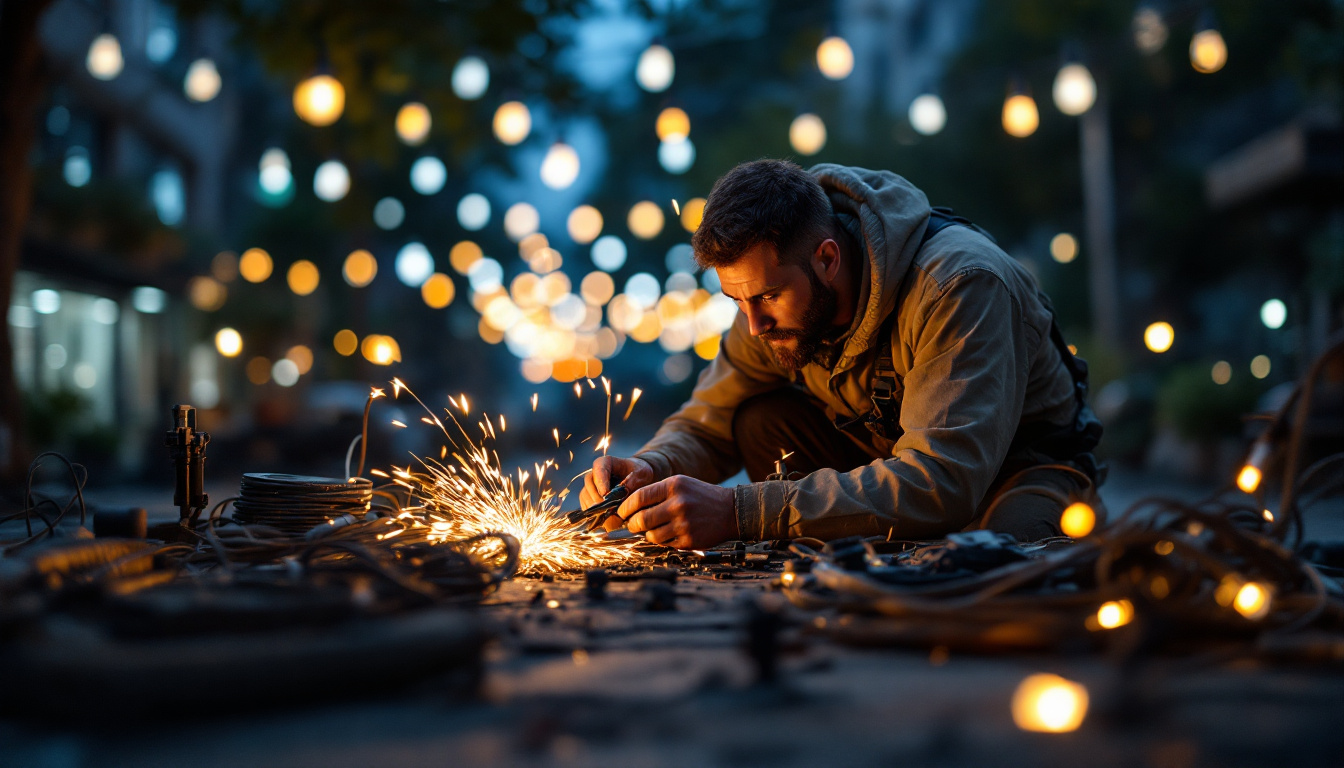 A photograph of a skilled outdoor cable splicer at work