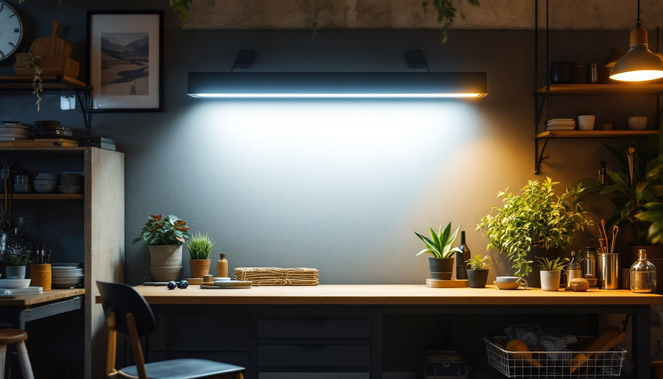 A photograph of a well-lit workshop or retail space showcasing a 4 ft led shop light in use
