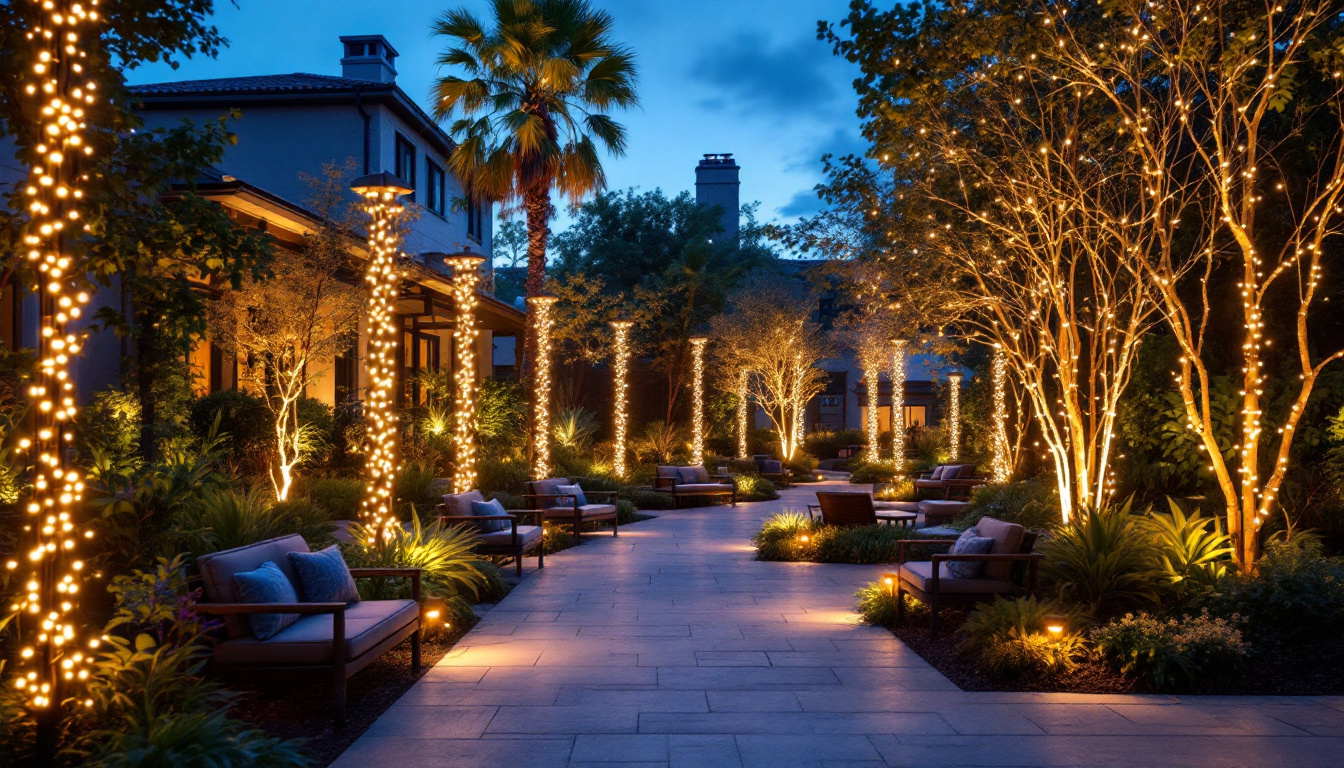 A photograph of capture a photograph of a beautifully illuminated outdoor space featuring 100-foot led lights creatively arranged to highlight architectural features