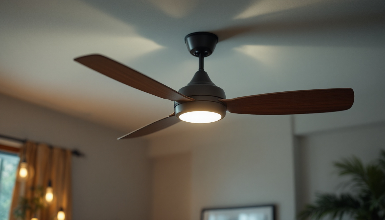 A photograph of a stylish ceiling fan with a modern switch