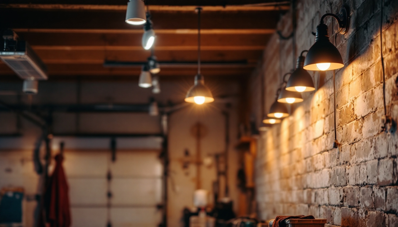 A photograph of a well-lit garage featuring stylish can lights installed in the ceiling