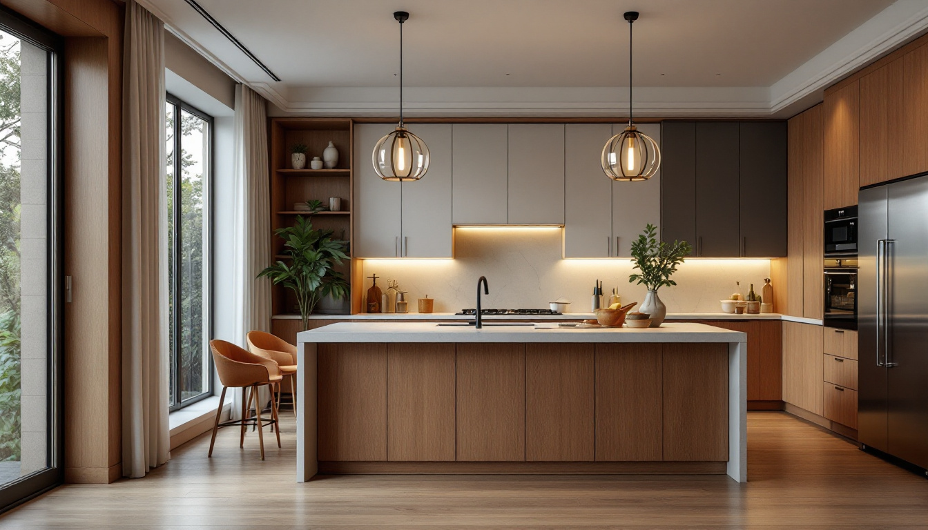 A photograph of a beautifully designed kitchen featuring a stylish island with elegant light fixtures that highlight the space
