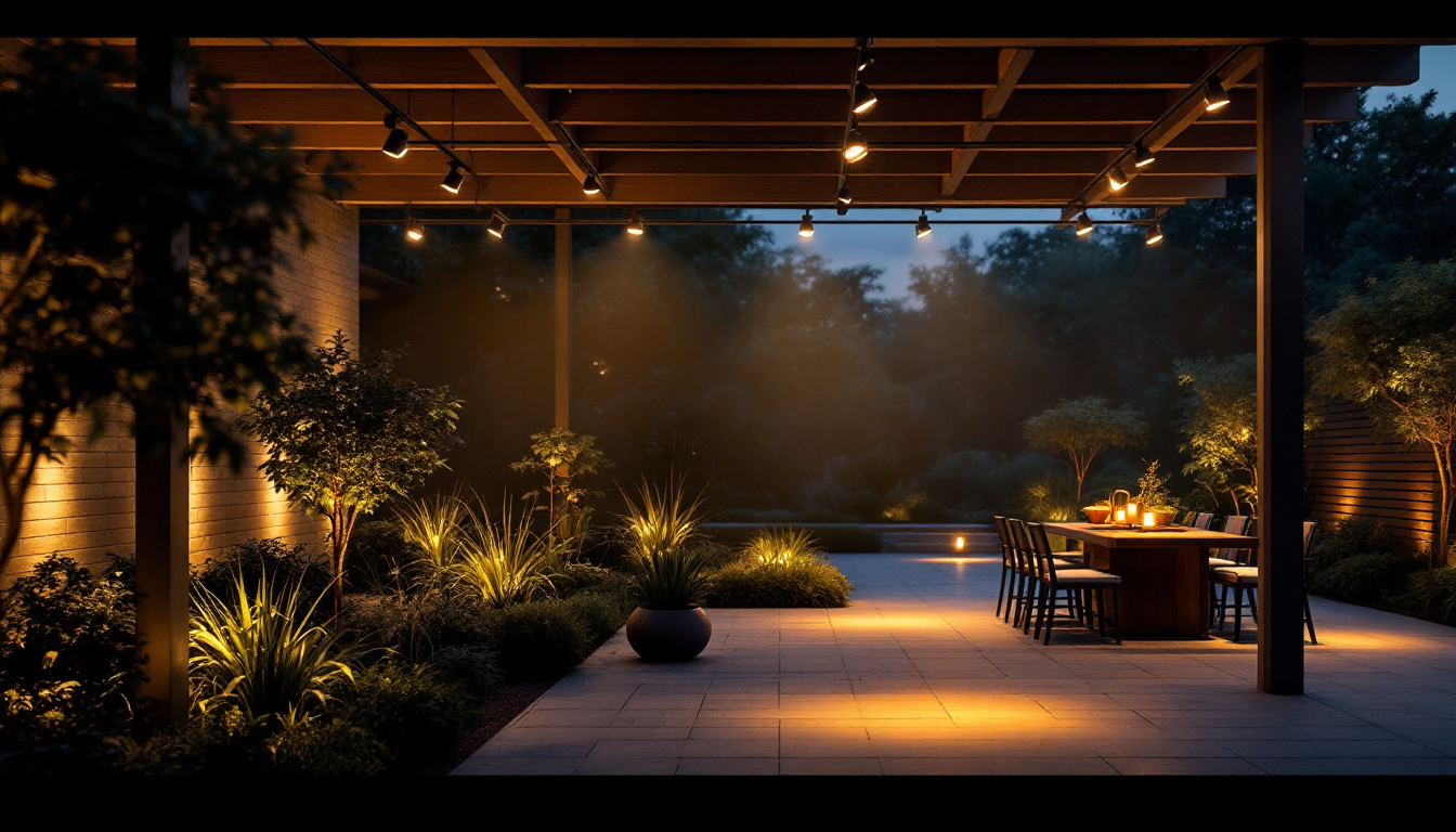 A photograph of a beautifully lit outdoor space featuring various styles of track lighting