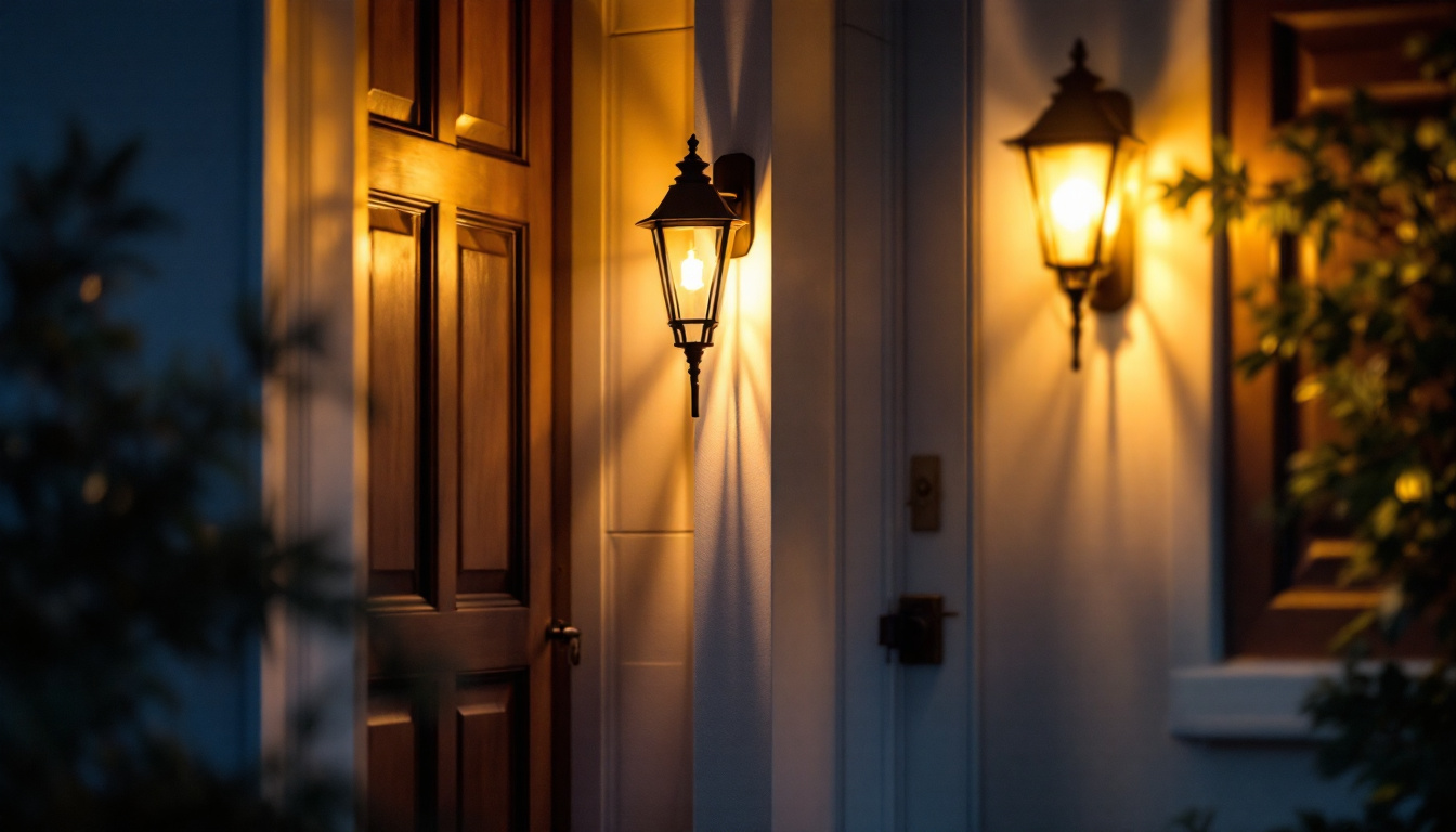 A photograph of a beautifully illuminated front door with a stylish lamp casting warm light
