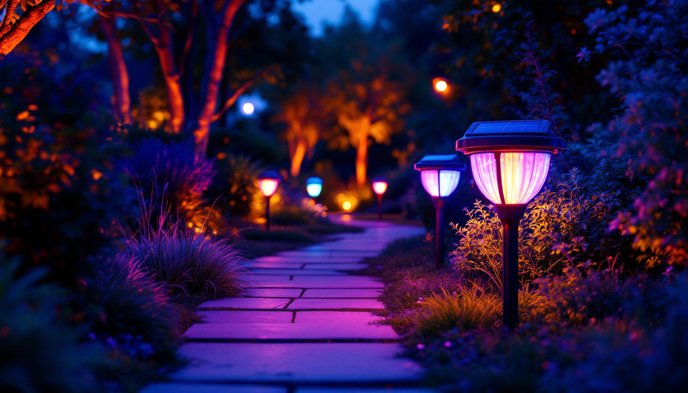 A photograph of a vibrant outdoor scene at dusk showcasing a beautifully illuminated garden or pathway