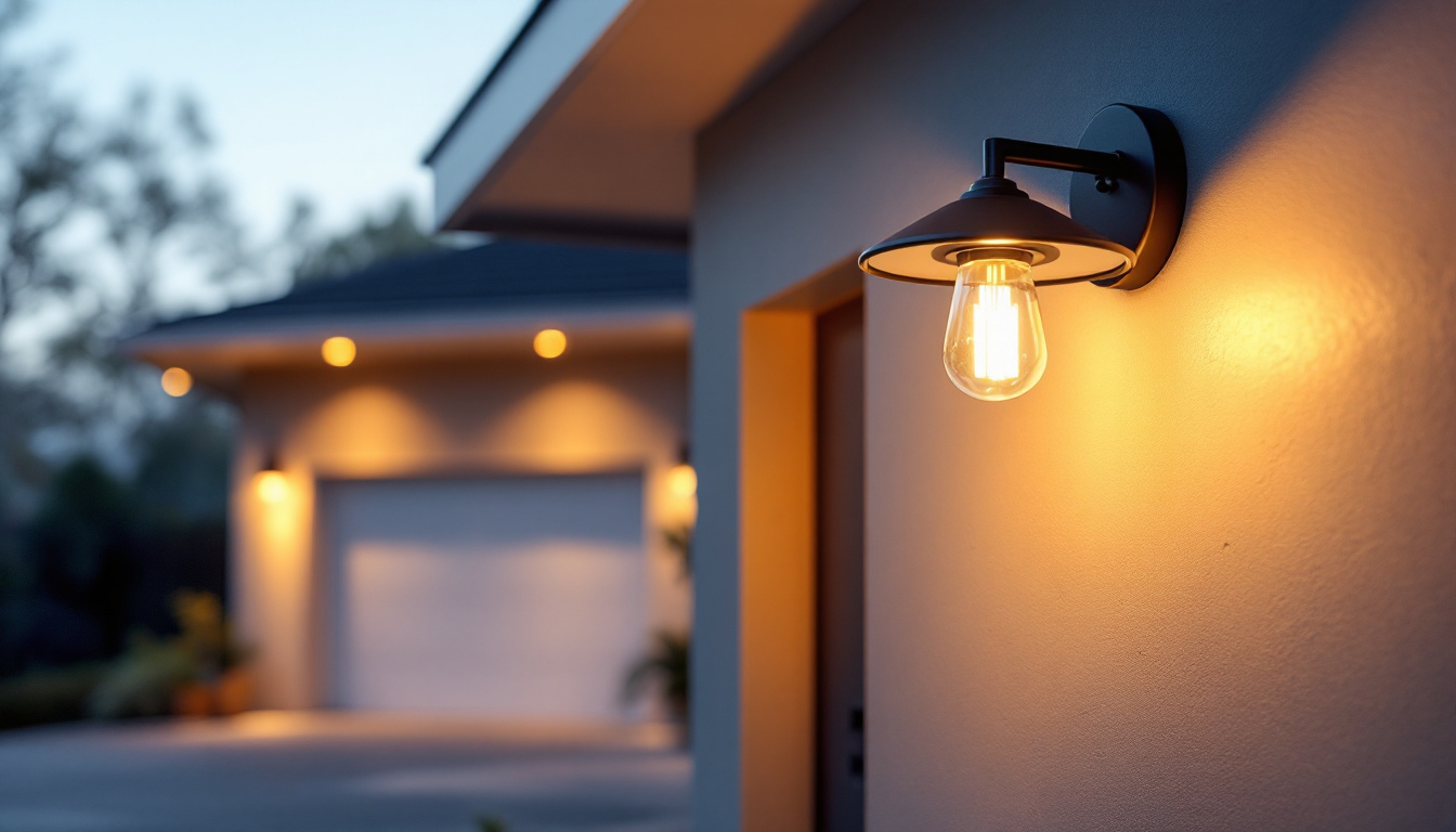 A photograph of a stylish outdoor garage light installed in a well-lit