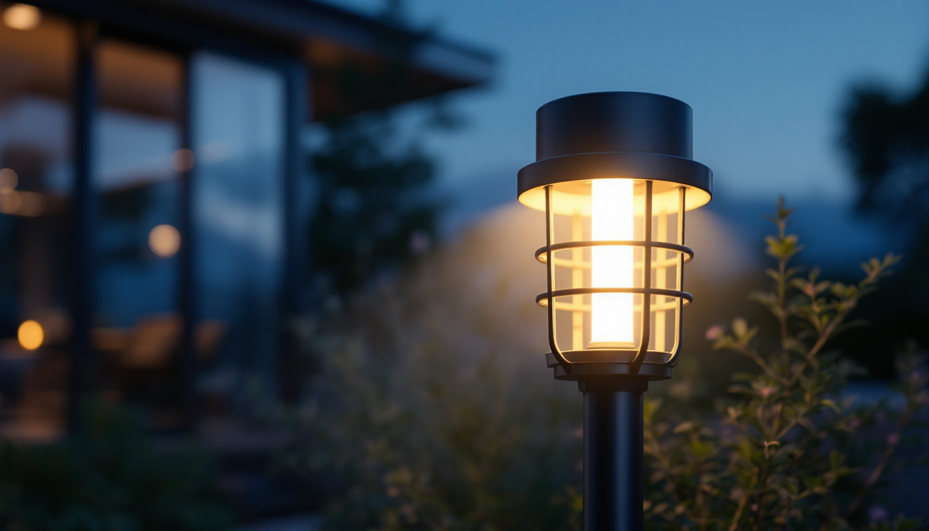 A photograph of a contemporary post light illuminating a modern outdoor space at dusk