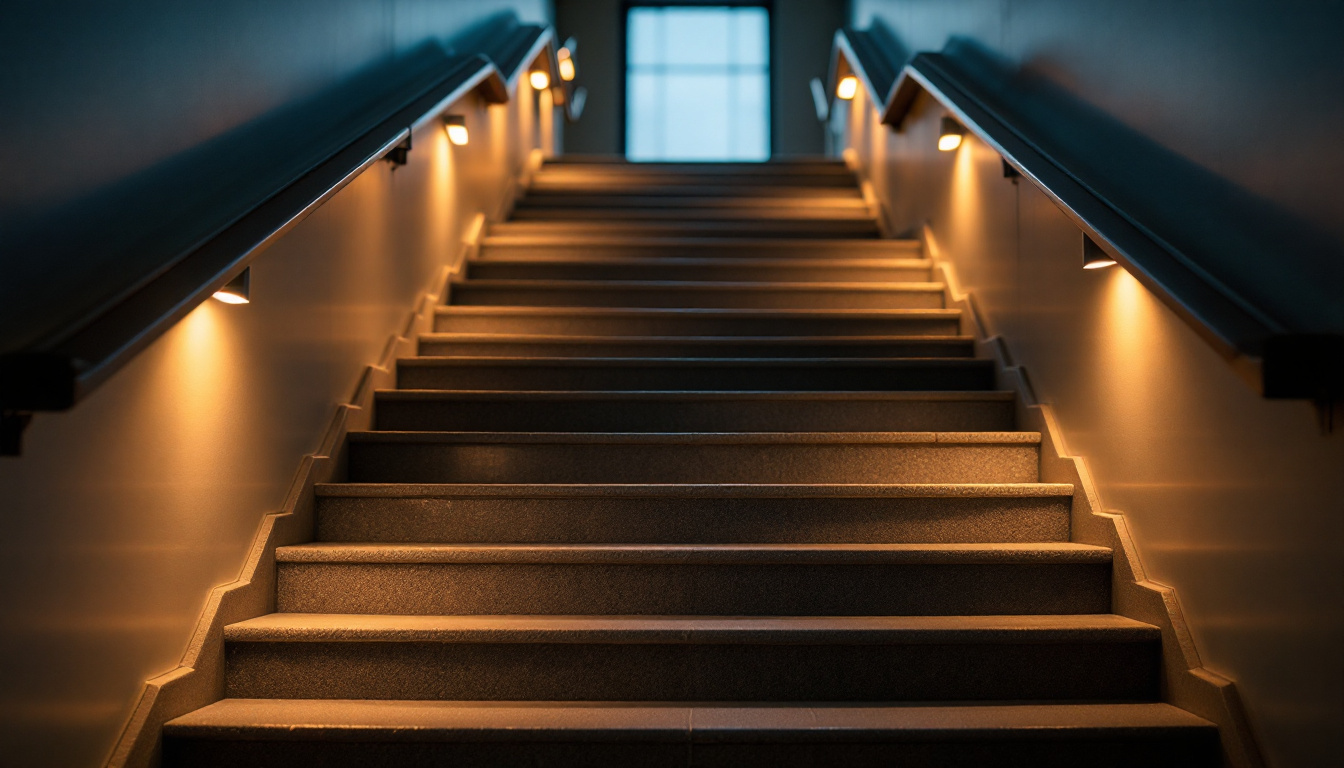 A photograph of a well-lit staircase featuring stylish