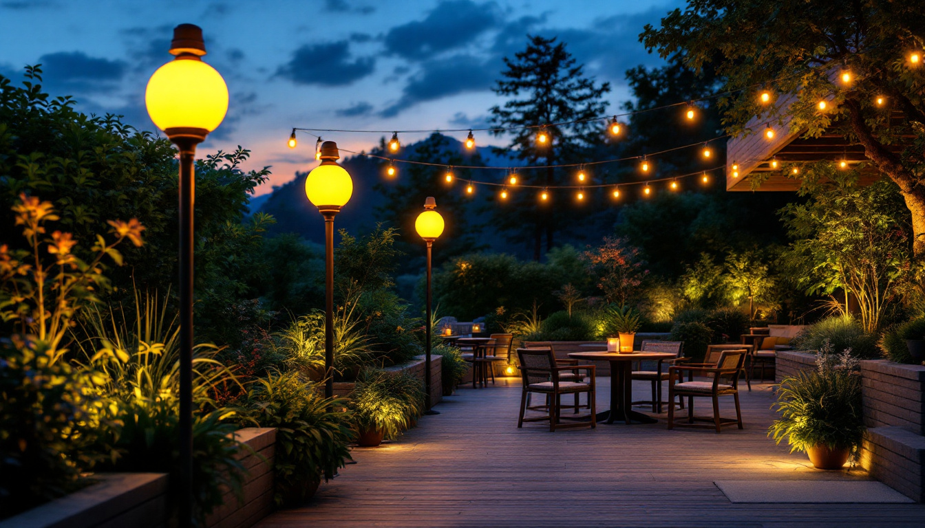 A photograph of a beautifully lit outdoor space featuring large outdoor lights